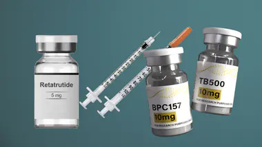 Syringes and vials representing peptides like BPC-157, TB-500, and retatrutide