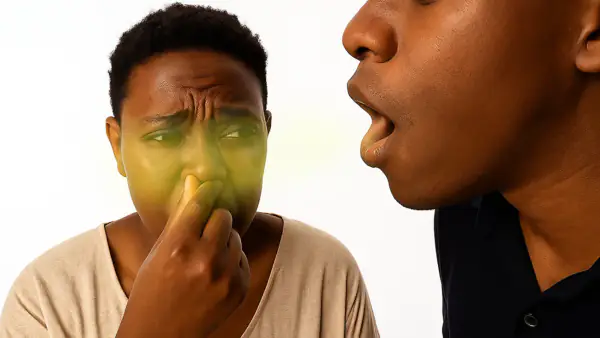 Woman covering her nose because of a man with bad breath