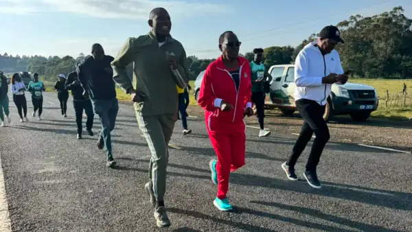 Dr. Chris Kiptoo running at the front of the pack at the 2026 Kaptagat Forest Marathon