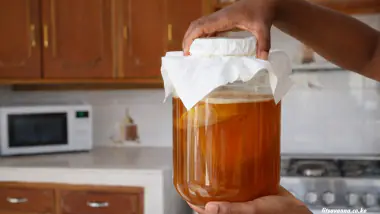 A person holding a glass jar of homemade kombucha with a SCOBY culture