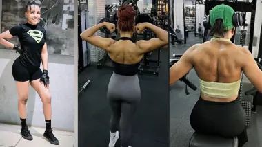 Three-year fitness transformation collage showing Stacy Thiong'o's progressive muscle development from 2023 to 2025