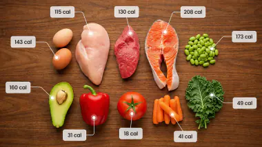 Various foods laid out on a table representing calorie tracking